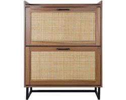 Rattan Schoenenkast 80×24×101,5 cm Houtkleur Opbergkast PB Zwarte Metalen Poten Dubbele Deur Opbergkast Japandi Stijl