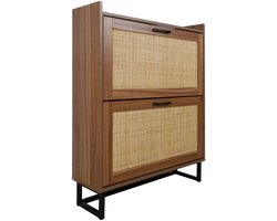 Rattan Schoenenkast 80×24×101,5 cm Opbergkast Houtkleur PB Zwarte Metalen Poten Dubbele Deur Opbergkast Japandi Stijl