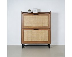 Rattan Schoenenkast 80×24×101,5 cm Opbergkast PB Zwarte Metalen Poten Dubbele Deur Opbergkast Japandi Stijl Houtkleur