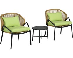 Rattan Terrasmeubelset, 3-delig, zit- en rugkussens, kunstrattan, metalen frame, groen