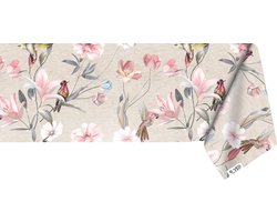 Raved Katoen Tafelzeil Vogels  140 cm x  160 cm - Roze - Bloemen - Waterafstotend - Uitwasbaar