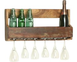 Raw Materials Factory Wijnrek - 60 x 12 x 28 cm - Hangend - Gerecycled hout - 5 flessen, 6 glazen