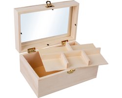 Rayher hobby Houten kistje 2 laags - met sluiting en deksel - 20 x 13 x 9 cm - Sieraden/spulletjes - vakjes boven - kleine kistjes