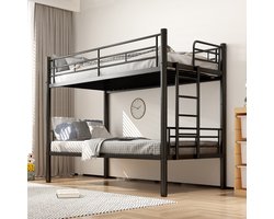 Rayofi Hoogslaper - Etalagebed - Kinderen 90x200cm - Tweepersoonshoogslaper met Veiligheidshekje Om te Bouwen naar 2 Eenpersoonsbedden - Bedden met Lattenbodem en Antislip Trap - Zwart