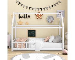 RAYOFI Kinderbed Huisbed met Schoorsteen - Valbeveiliging - Robuuste Lattenbodems - Grenen Houten Huisbed voor Kinderen - 90x200 cm Zonder Matras - Wit