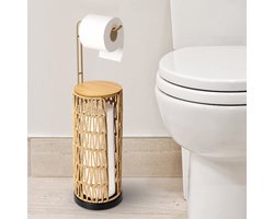 Rayofly vrijstaande toiletrolhouder met plank, staande toiletrolhouder voor in de badkamer, Boho rotan toiletrolhouder, zwarte toiletrolhouder voor 4 rollen toiletpapier