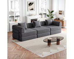 Re-purelife® 2-in-1 Multifunctionele Bank 3-Zits - Slaapbank & Loungestoel voor Woonkamer of Slaapkamer - Moderne Zachte Chenille Bank - Flexibel Modulair Design 274x91.4x69.8 cm - Grijs