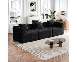 Re-purelife® 2-in-1 Multifunctionele Bank 3-Zits - Slaapbank & Loungestoel voor Woonkamer of Slaapkamer - Moderne Zachte Chenille Bank - Flexibel Modulair Design 274x91.4x69.8 cm - Zwart