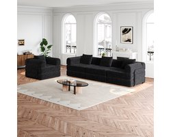 Re-purelife® 2-in-1 Multifunctionele Bank 4-Zits - Grote Slaapbank & Loungestoel voor Woonkamer of Slaapkamer - Moderne Zachte Chenille Bank - Flexibel Modulair Design 367.6x91.4x69.8 cm - Zwart