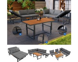 Re-purelife® 3-delige tuinmeubelset grijs - 2 verstelbare sofa’s met kussens, tafel met uitneembare ijsemmer, acaciahout en gepoedercoat ijzeren frame