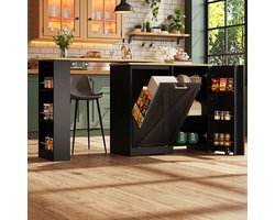 Re-purelife® 360° Draaibare Bartafel & Eettafel - Uitschuifbaar, Multifunctionele Opbergkast met Verstelbare Planken, Klapdeur - Zwart Modern Design - Krasvast Blad - Voor Keuken, Woonkamer, Koffiehoek, Thuiswerkplek, Eetkamer, 138-203×39×105 cm