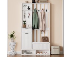 Re-purelife® 6-in-1 Gangmeubel 100x30x180 cm - Wit - Garderobekast met 8 Haken, Schoenenbank & Opbergplanken - Anti-Omval Beveiliging - Moderne Kapstok met Kledingroede - Opbergmeubel voor Hal - Ruimtebesparend & Stevig