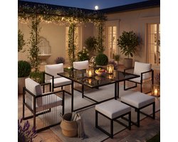 Re-purelife® 7-delige tuinset loungeset voor 6 personen - tuintafel met gehard glas, 4 stoelen, 2 voetenbankjes en waterafstotende kussens - zwart/wit