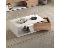 Re-purelife® Draaiende Koffietafel Eiken/Wit 90x50x30 cm - Salontafel met 360° Draaibare Lade & Hoogglans Blad - Moderne Woonkamertafel met Open Opberg - Compact en Ruimtebesparend Design