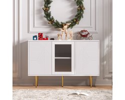 Re-purelife® Dressoir Kast met 3 Deuren en Glazen Panelen – Met Metalen Poten – Opbergkast / TV Meubel / Sideboard – 120x38x79,5 cm – Modern en Stijlvol – Wit