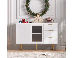 Re-purelife® Dressoir Kast met 3 Lades en 2 Deuren – Met Glazen Deuren & Metalen Poten – 120x38x79,5 cm – Modern & Ruim – TV Meubel / Opbergkast – Wit