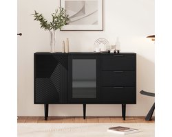 Re-purelife® Dressoir Kast met 3 Lades en 2 Deuren – Met Glazen Deuren & Metalen Poten – 120x38x79,5 cm – Modern & Ruim – TV Meubel / Opbergkast – Zwart