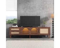Re-purelife® Grote Bruin TV Meubel met Opbergruimte - TV Kast Landelijke Elegantie met Rotan - Sfeervolle LED-verlichting 16 kleuren - Laag Woonkamer Meubel 180x40x50 cm met Uitstekende Stabiliteit