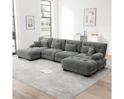 Re-Purelife® Grote Hoekbank U-vormig 4-zits - Extra Zacht Cloud Sofa met Hoge Kwaliteit Schuim - Moderne Woonbank met Verplaatsbare Ottoman - Luxe Chenille Stof - Drukbestendig & Duurzaam - 406x145x81 cm - Grijs