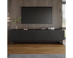 Re-purelife® Grote TV Kast met Veel Opbergruimte – Lowboard Dressoir met Golvende Deuren & Stevige Poten – Modern TV Meubel Hout 169x35x45,5 cm – Zwart – Woonkamer TV Kastje & Opbergkast