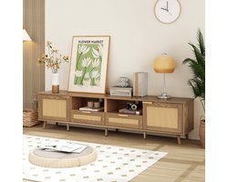 Re-purelife® Grote TV Kast met Veel Opbergruimte - Woonkamer TV Meubel met Solide Materialen en Uniek Rotan Design - Massief Houten Poten - 200x37x49 cm - Eiken Kleur