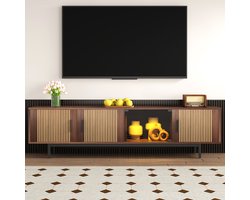 Re-purelife® Grote TV Meubel met veel Opbergruimte Modern Design Zwart Walnootbruin - Mediakast/Lowboard met Slimme LED-Verlichting met App-bediening & Bluetooth - TV Kast met Glazen Deuren 200x35x53 cm