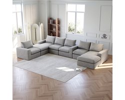 Re-purelife® Grote U-Vormige Bank 6-Zits - Modulaire Woonkamer Bank met Verstelbare Ligfunctie - Zacht Ribfluweel - Zonder Montage - Moderne Woonhoek Set - Lichtgrijs