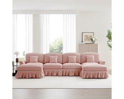 Re-purelife® Grote Woonkamer U-Bank - U-Vormige Modulaire Bank 4-Zits - 2 Designs in 1 met Afneembare Rimpelrokken - Flexibele Configuraties - Elegante en Moderne Grote Bank - Zeer Zacht en Luxe Chenille Bekleding - 350x140x93 cm - Roze