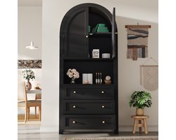 Re-purelife® Hoge boogkast met 3 lades en deuren - vrijstaande opbergkast met open display - zwart odern keukenkast/woonkamer kast - 70 × 35 × 180 cm