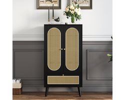Re-purelife® Hoge Kasten met Opbergruimte - Dressoir/Keukenkast - Smal Opbergmeubel voor Kleine Ruimtes - Zwart Frame met Rotan Deurpanelen - 60 x 40 x 120 cm