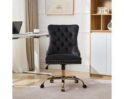 Re-purelife® Home office stoel zwart fluweel - verstelbare bureaustoel draaibaar met gecapitonneerde rug, gouden metalen onderstel en wielen - 63×50×98 cm