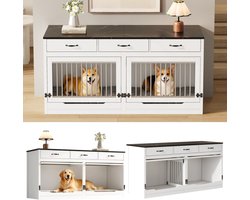 Re-purelife® Hondenbench meubel voor 2 honden - MDF/metaal - met uitneembare scheidingswand, opklapbare deur met slot en 3 lades - wit/zwart - 164×60×81 cm
