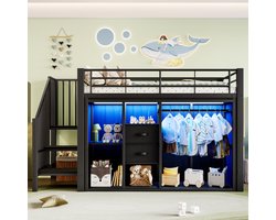 Re-purelife® Hoogslaper Kinderbed 90x200 cm - Multifunctioneel Stapelbed Met Kledingkast, 2 Lades & LED Verlichting - Eenpersoonsbed Met Opbergruimte en Robuust Metalen Frame - Zwart - Draagvermogen 120 kg