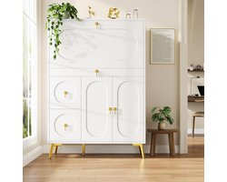 Re-purelife® Keukenkast 100x50x140cm – Modern Wit Sideboard met Gouden Accenten – MDF & Metaal – Buffetkast, Vitrinekast & Opbergkast met Faltturen Geschikt voor Keuken, Eetkamer, Woonkamer of Hal, Verstelbare Legplanken – Duurzaam & Stabiel Design