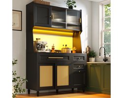 Re-purelife® keukenkast buffetkast vitrinekast met LED-verlichting en PE-rattan - zwart - 3 lades, verstelbare planken - 120×45×195,5 cm - modern woonkamer meubel/opbergkast - hoge kast