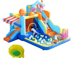Re-purelife® Kinder springkasteel met blower 450W - opblaasbaar waterpark met trampoline, dubbele glijbaan, klimwand, fontein en waterpistolen - springkussen Oxford stof - natte/droge gebruiksfunctie - blauw - 395 × 340 × 236 cm - Draagkracht 135 kg