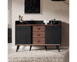 Re-purelife® Klassiek Sideboard met Opbergruimte 2 Schuifdeuren & 3 Laden - Dressoir/Opbergkast Met Kipbeveiliging voor Keuken/Woonkamer - 117,5 x 40 x 80 cm - Zwart & Bruin