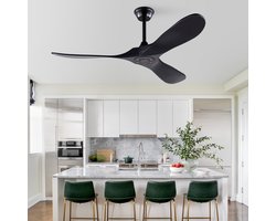 Re-purelife® Koel Zomer Collectie Plafondventilator 52 Inch Zwart - 3 Massief Houten Bladen - Zonder Verlichting - Met Afstandsbediening - 6 Snelheden en Omkeerbare Motor - 132×132×26,5 cm - winter- en zomerinstellingen