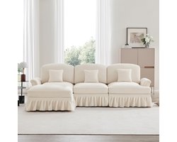 Re-purelife® L-Vormige Modulaire Bank 3-Zits Flexibele Configuraties - Hoekbank Links & Rechts - 2 Designs in 1 met Afneembare Rimpelrok - Elegante en Moderne Woonkamer Bank - Zeer Zacht en Luxe Chenille Bekleding - 272x140x93 cm - Wit