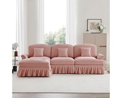 Re-purelife® L-Vormige Modulaire Bank 3-Zits Flexibele Configuraties - Hoekbank Links & Rechts - 2 Designs in 1 met Afneembare Rimpelrok - Elegante en Moderne Woonkamer Bank - Zeer Zacht en Luxe Chenille Bekleding - 272x140x93 cm - Roze