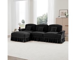 Re-purelife® L-Vormige Modulaire Bank 3-Zits Flexibele Configuraties - Hoekbank Links & Rechts - 2 Designs in 1 met Afneembare Rimpelrok - Elegante en Moderne Woonkamer Bank - Zeer Zacht en Luxe Chenille Bekleding - 272x140x93 cm - Zwart