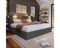 Re-purelife® Luxe 140x200 cm Tweepersoonsbed met Matras – PU Lederen Bedframe met Lattenbodem, LED Leeslamp, USB Oplaadpunt & Ruime Opbergruimte – Stevig & Comfortabel Design – Inclusief 7-Zones Matras - Grijs