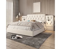 Re-purelife® Luxe Bedframe 160x200 cm met Lang Hoofdbord, PU Leer, USB & Leeslampen, Hydraulisch Systeem & Grote Opbergruimte – Modern & Elegant – Beige - Zonder Matras