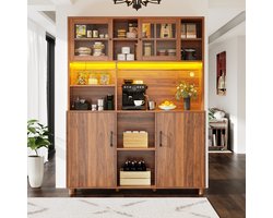 Re-purelife® Luxe Hoge Kast met Veel Opbergruimte voor Woonkamer - Moderne Grote Keukenkast met LED Verlichting en Schuifdeuren - App Gestuurde Lichtstrip met Muziekfunctie - 120x40x185 cm - Walnoot