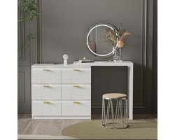 Re-purelife® Luxe Make-up Tafel en Kaptafel Set met 6 Lades - Witte Opbergtafel met Gouden Handvatten & Bloemenprint - Draaibare Schminktafel Bureau - 160*40x73 cm - Zonder Spiegel en Kruk
