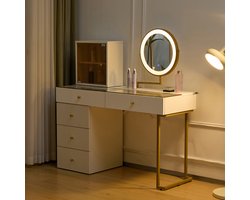 Re-purelife® Luxe Make-up Tafel met LED Spiegel - Moderne Kaptafel met 3 Kleuren Verlichting - Opbergkast & Transparant Glas Blad - Goud & Wit - 120x45x115 cm - Voor Slaapkamer