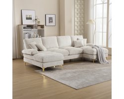 Re-purelife® Luxe Moderne U-vormige loungebank / hoekbank 272x136 cm, Hoekzetel, massief houten frame, dubbele ligplaatsen, comfortabele ligbank, stevige constructie, ergonomisch zitcomfort, ruime familiesofa voor woonkamer of kantoor – Beige