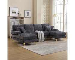Re-purelife® Luxe Moderne U-vormige loungebank / hoekbank 272x136 cm, Hoekzetel, massief houten frame, dubbele ligplaatsen, comfortabele ligbank, stevige constructie, ergonomisch zitcomfort, ruime familiesofa voor woonkamer of kantoor – Grijs