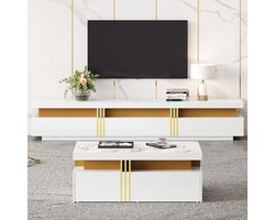 Re-purelife® Luxe Woonkamer Meubel Set – TV Meubel 200×40×42 cm + Salontafel 100×50×40 cm – TV Kast & Coffee Tafel, Stevig, Modern Design, Stijlvol Hoge Kwaliteit, Veel Opbergruimte – Wit