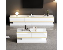 Re-purelife® Luxe Woonkamer Set TV Meubel & Salontafel met veel Opbergruimte - Wit Highgloss - TV Meubel 200x40x40 cm met 3 Lades - Salontafel 100x50x38 cm met 2 Lades - Moderne Woonkamerset - TV Kast & Coffee Tafel, Stevig & Stijlvol